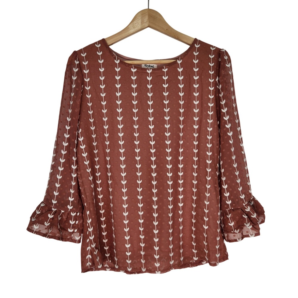 Kindred Mauve Pink Swiss Dot Embroidered Leaf Ruffle Sleeve Blouse Petite M